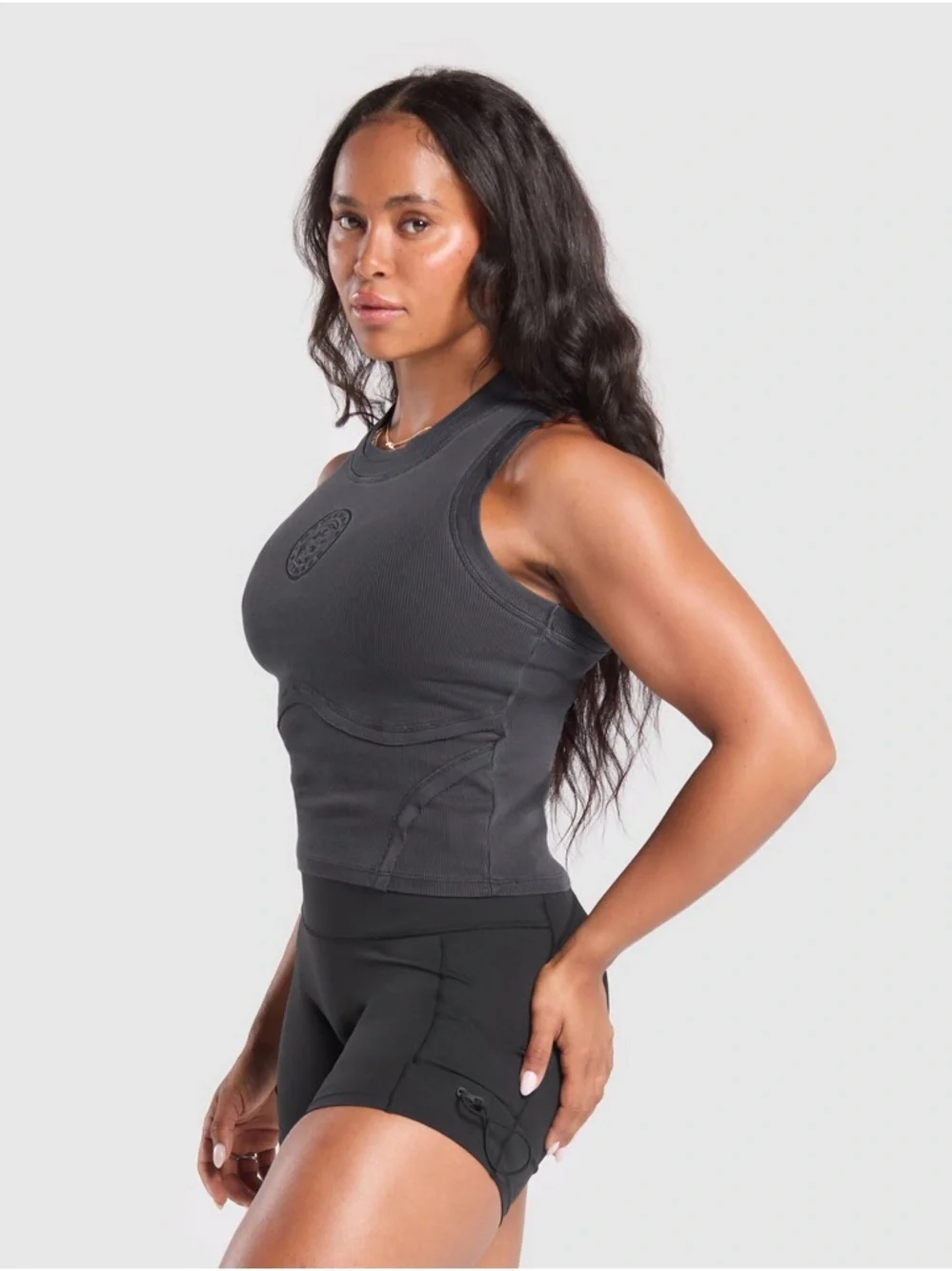 Gymshark Black Ribbed Crop Tank with Logo - Picture 2 of 5